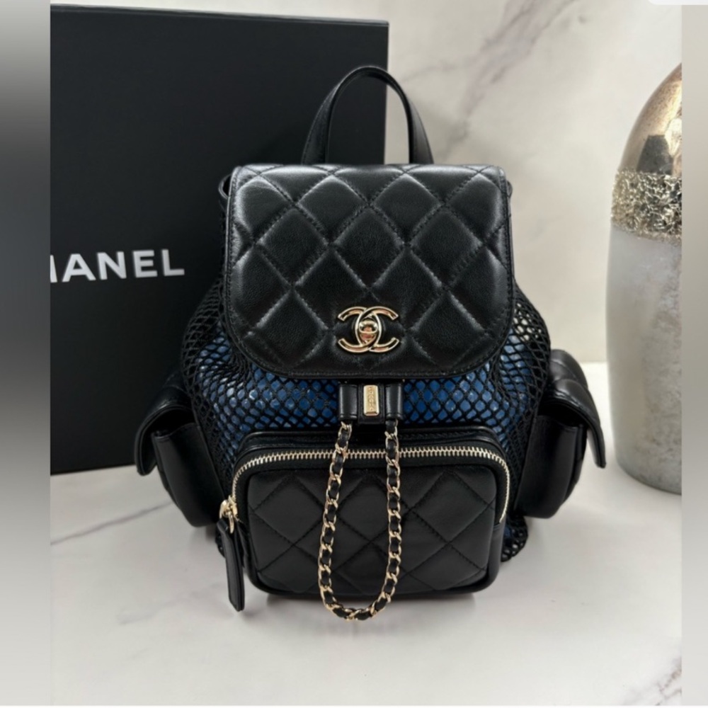 Chanel 2025 Shiny Lambskin Mesh Quilted Small Duma Drawstring Backpack Black